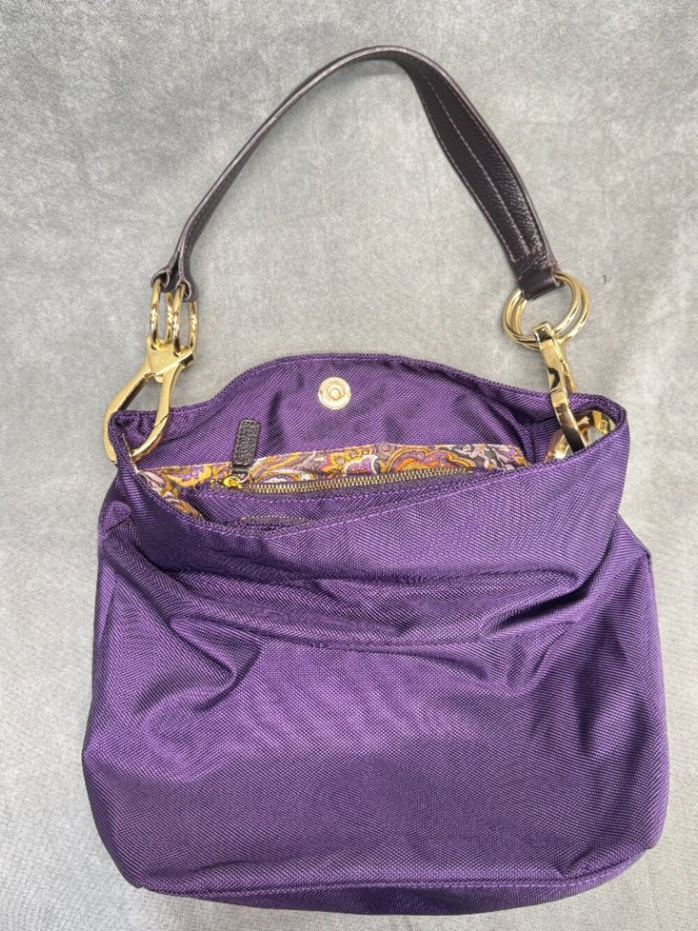 JPK Paris 75 Purple Nylon Hobo Bag Paisley Lining Gold Hardware Shoulder Bag